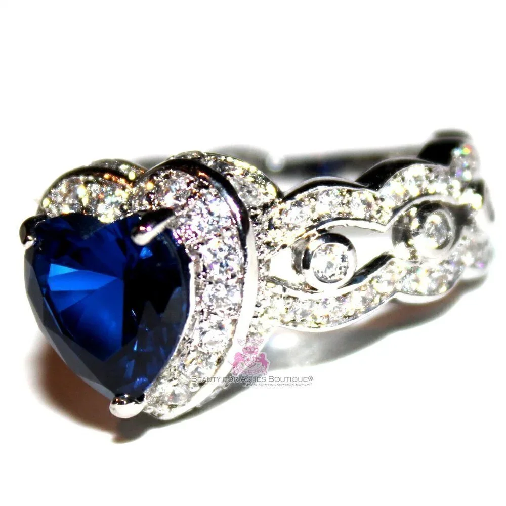 Heart for Jerusalem Deep Sapphire Blue Cz 18K White Gold Plated Cocktail Ring 7